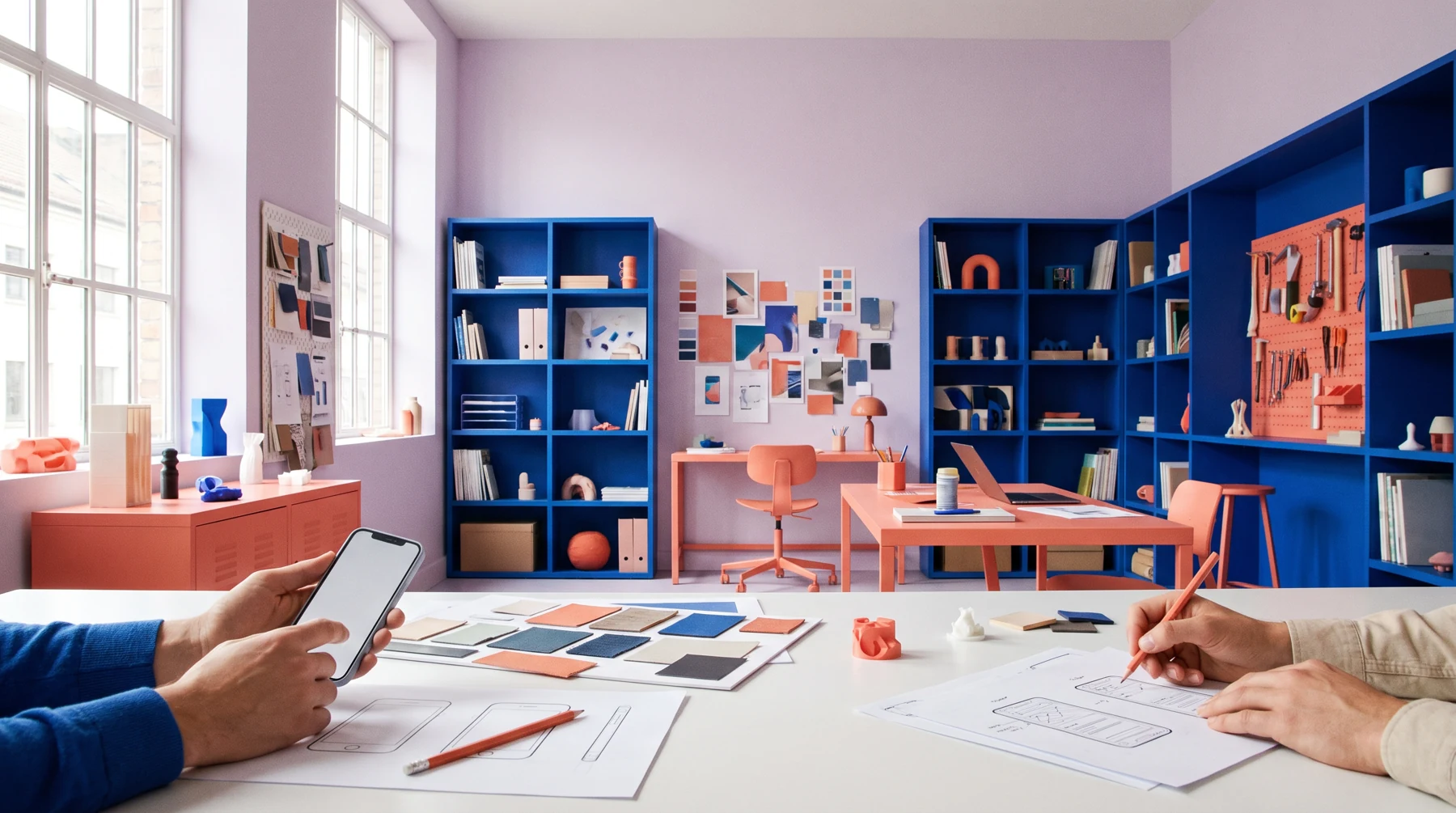 A bright workspace with mobile app sketches on a table