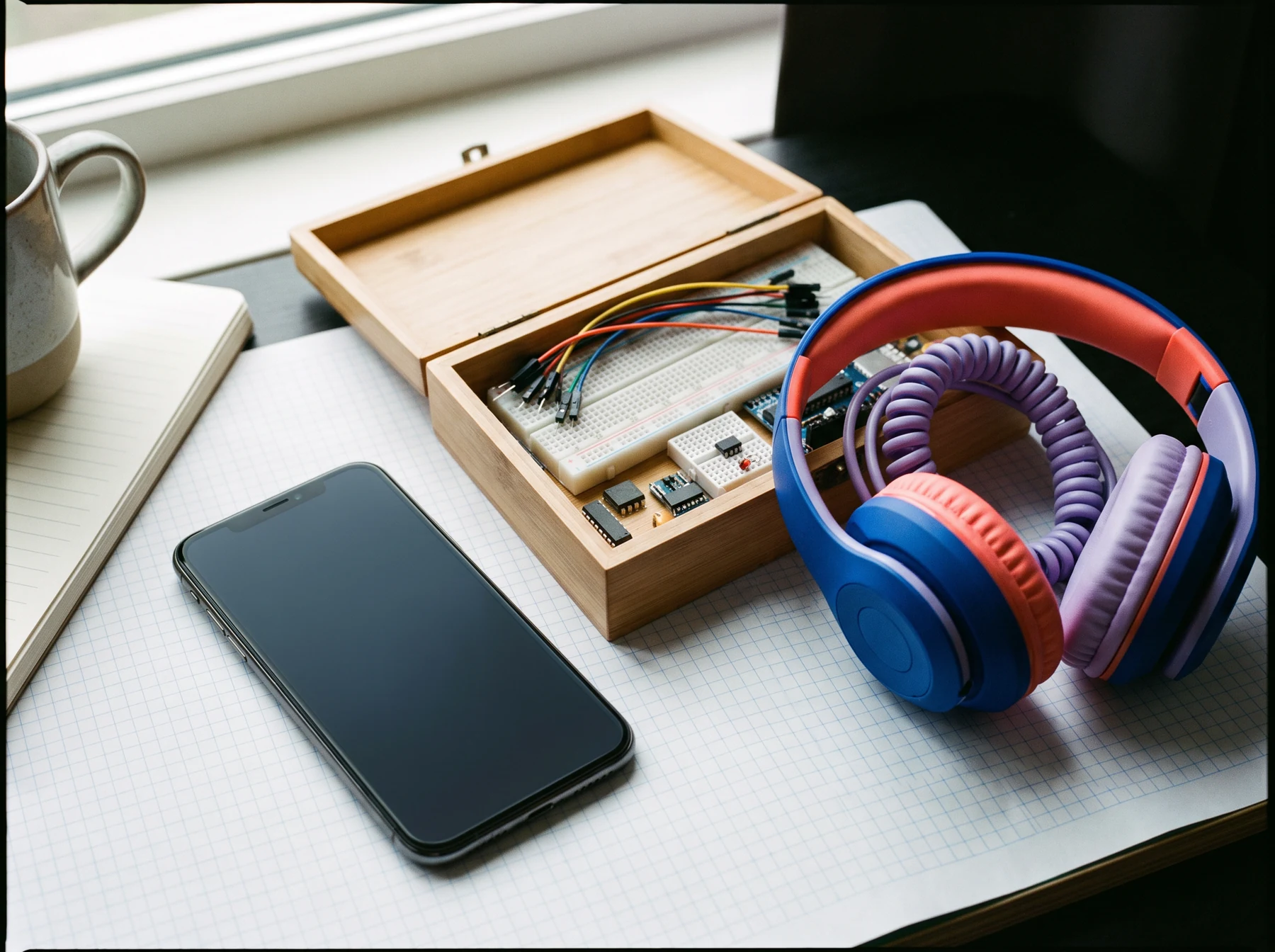 A phone, headphones, and electronic prototyping kit