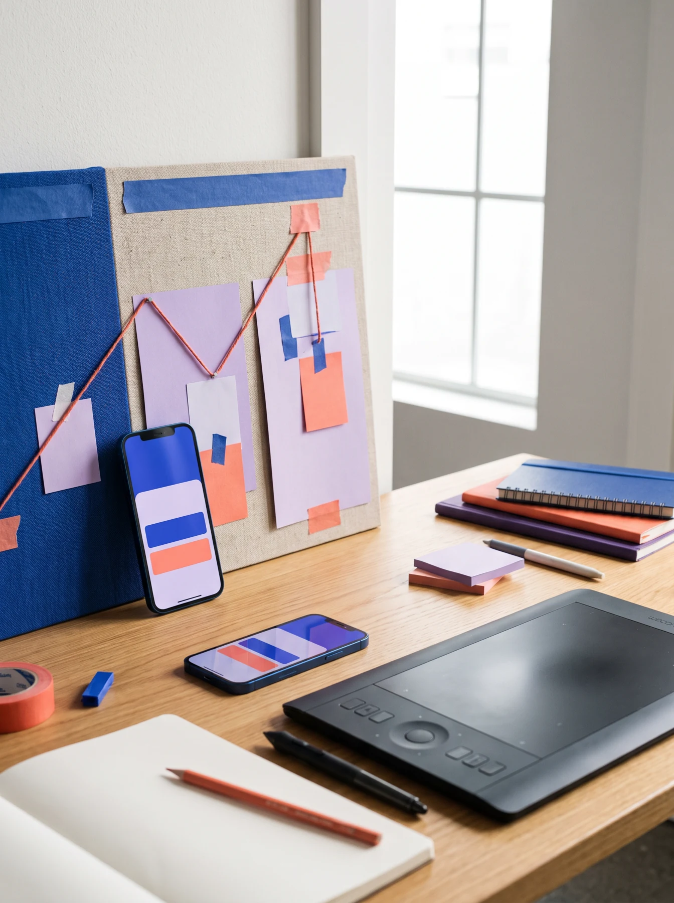 Mobile app materials, charts, and devices on a design desk
