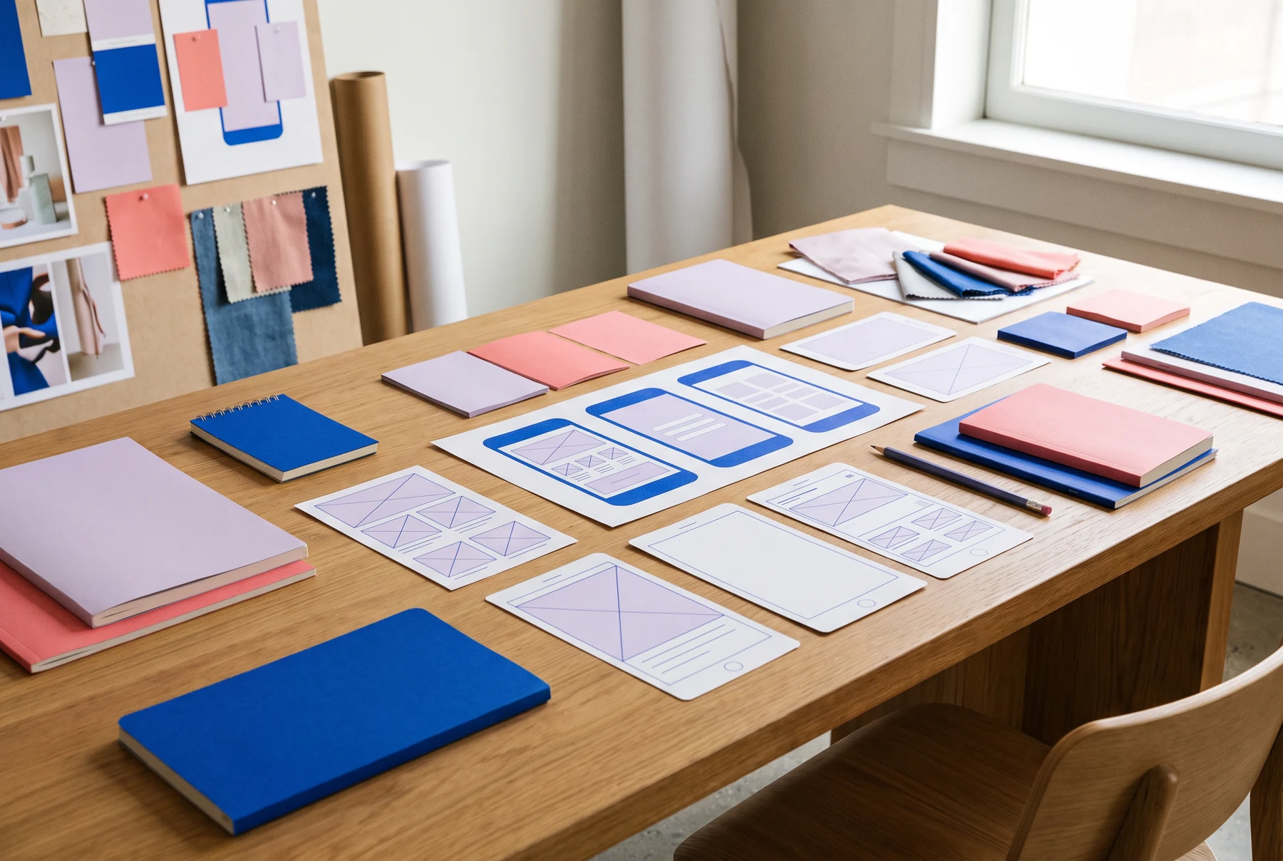 Cards and blue notebooks arranged on a project planning table