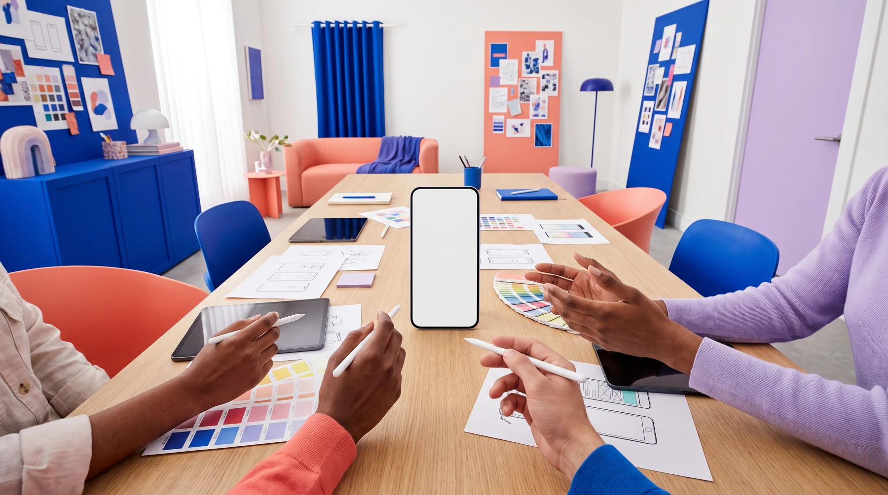 People discussing mobile app materials around a table